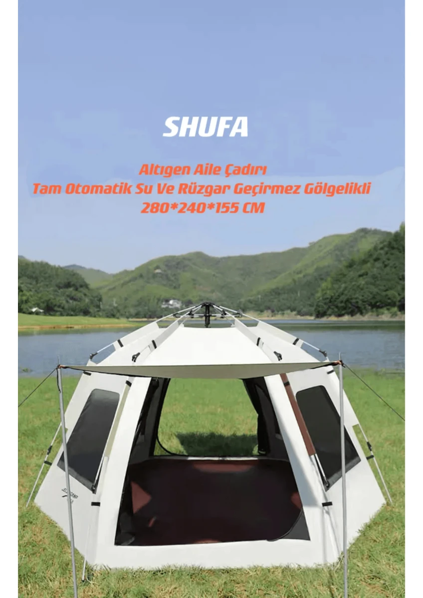 Tam Otomatik Su ve Rüzgar Geçirmez Gölgelikli Altıgen Aile Çadırı (ZP56-BEJ)280X240X155 cm